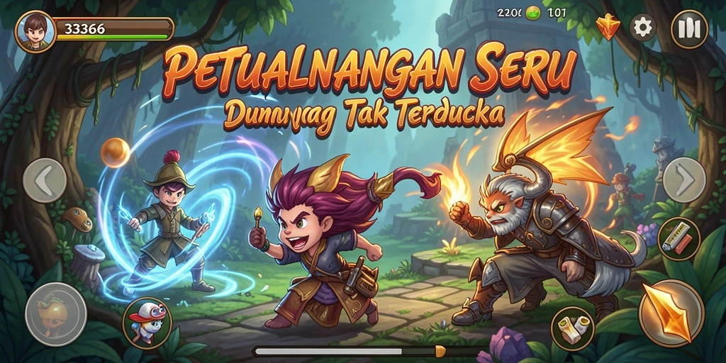 Screenshots yang menunjukkan karakter menjelajahi dunia petualangan.