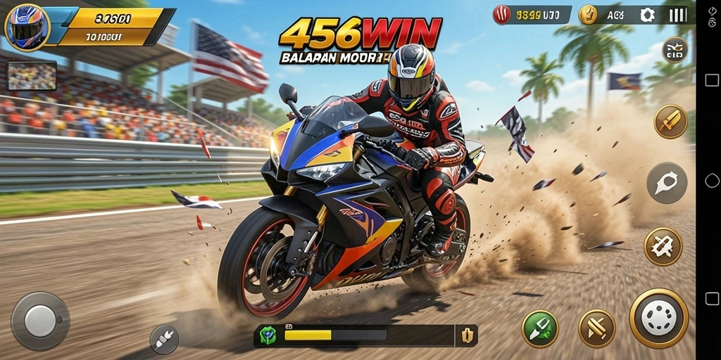 Tampilan utama gameplay 456WIN menampilkan balapan motor yang seru dan penuh aksi.