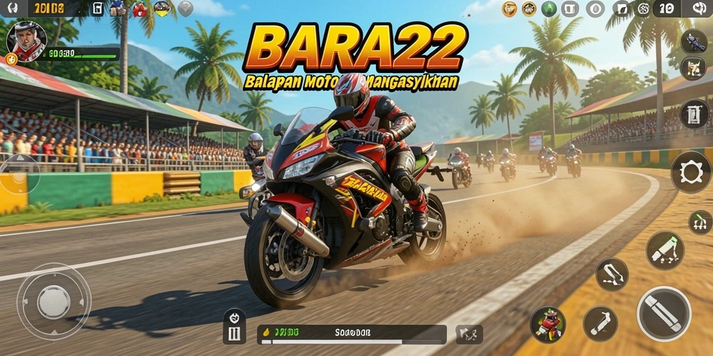 Screenshot gameplay BARA22 menampilkan aksi balapan motor yang menegangkan.