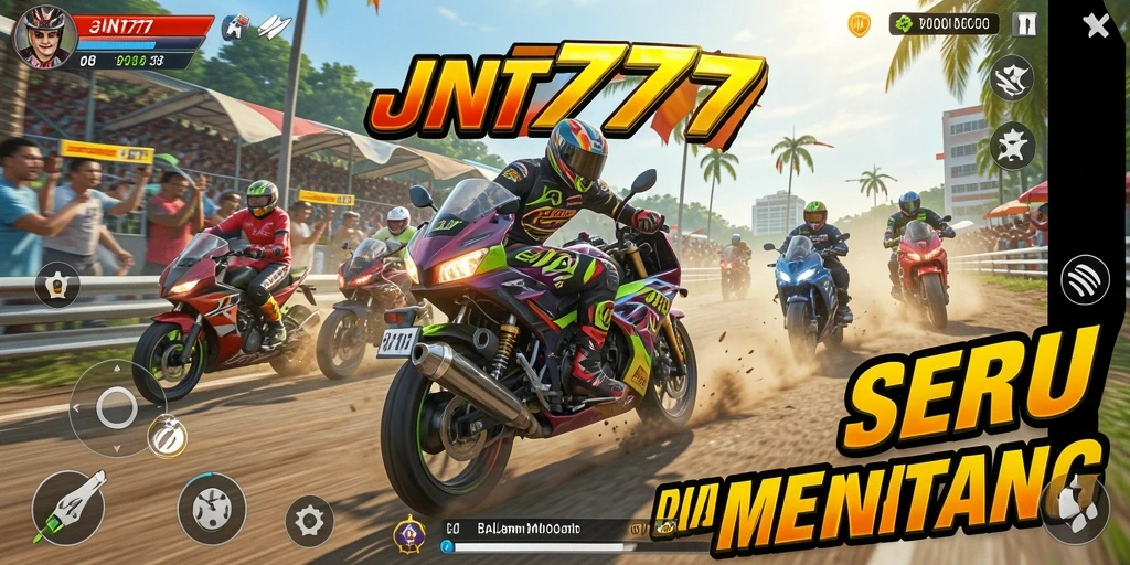 Screenshot gameplay JNT777 yang menunjukkan aksi balapan motor yang seru.