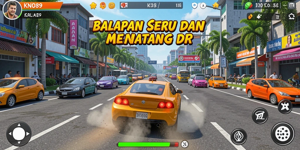Screenshot utama KNO89 menampilkan aksi balapan seru dengan mobil cepat.