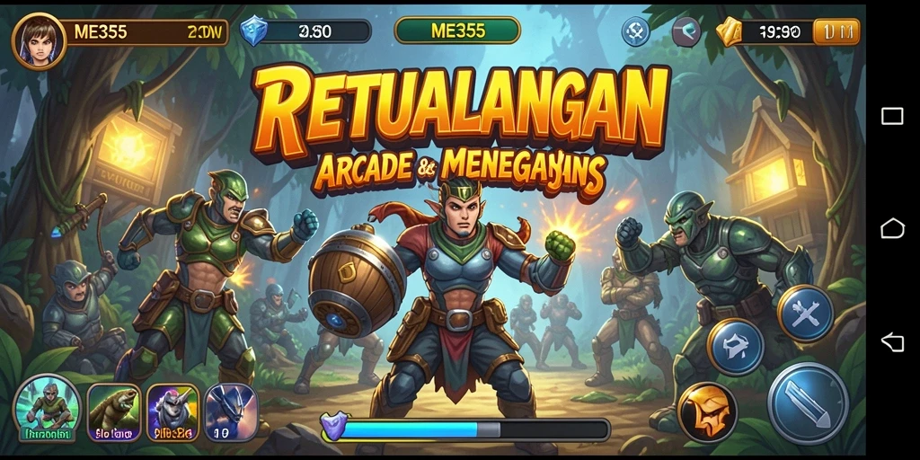 Screenshot utama ME355 menampilkan aksi seru dalam permainan Arcade.