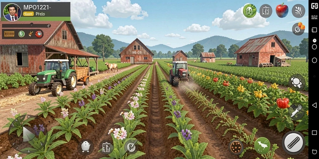 Tampilan gameplay MPO1221 dengan ladang yang subur dan hewan ternak.