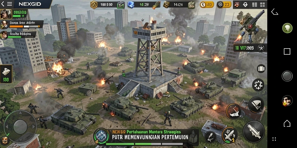 Screenshot gameplay NEXGID menampilkan menara bertahan melawan gelombang musuh.