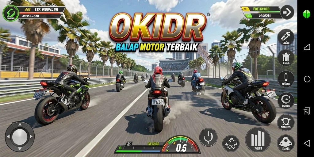 Screenshot gameplay OKIDR yang menampilkan aksi balap motor yang mendebarkan.