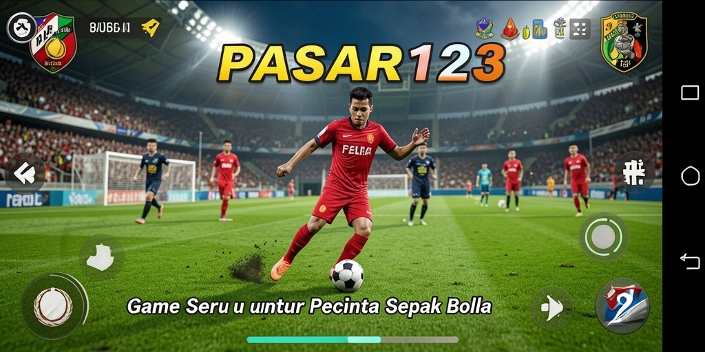 Screenshot utama PASAR123 menampilkan aksi seru di lapangan sepak bola.