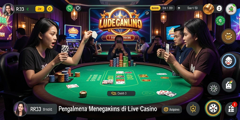 Screenshot RR33 menampilkan dealer langsung yang berinteraksi dengan pemain di permainan meja.
