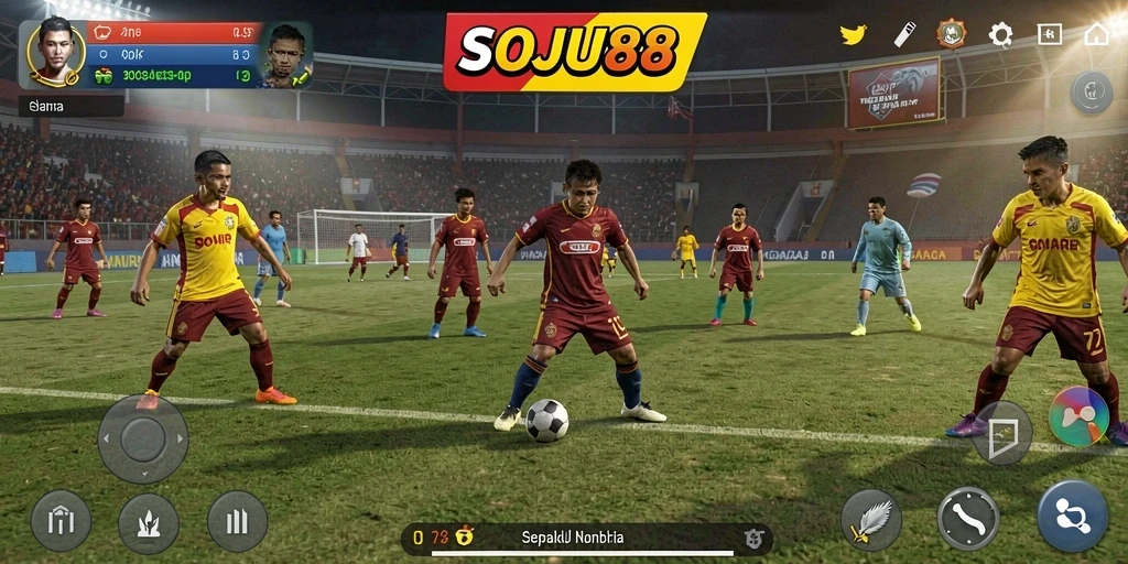 Tampilan gameplay SOJU88 dengan aksi menegangkan di lapangan sepak bola.