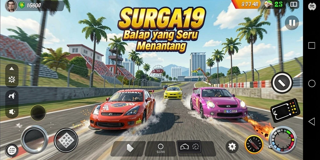 Tampilan utama gameplay SURGA19 yang mendebarkan dan penuh aksi balap.