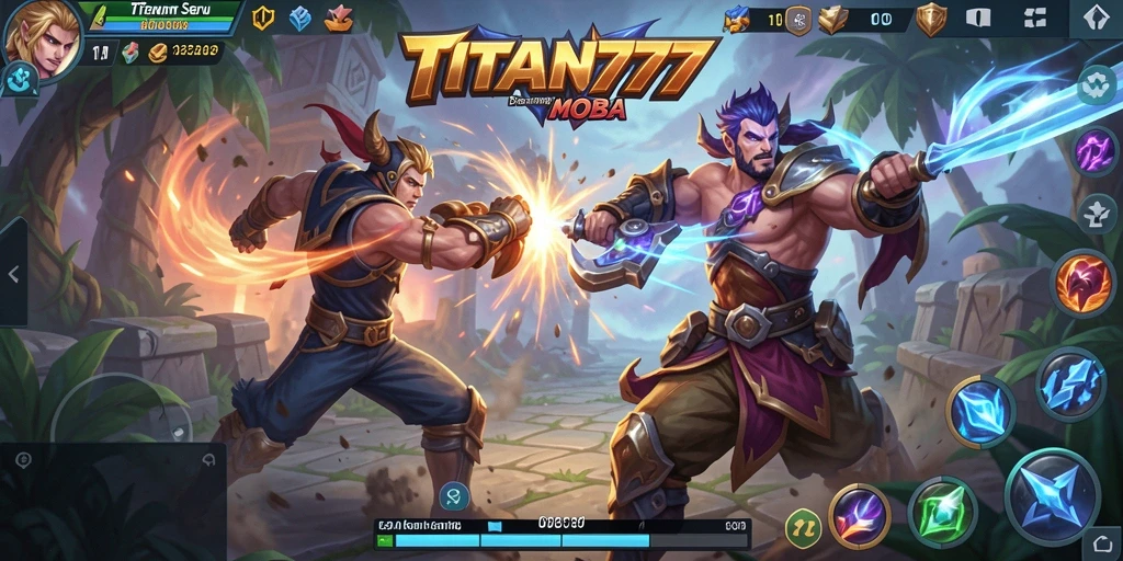 Screenshot utama TITAN777 menampilkan aksi pertarungan tim yang intens.